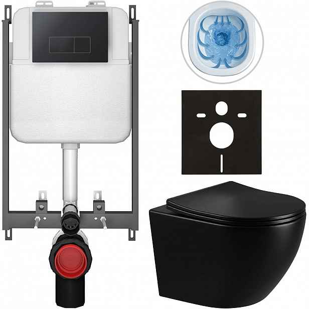 Kompletní WC set Basic/Cesso - černá lesklá - WC tlačítko Modulo/Černá - pro zazdění - 49x36 cm