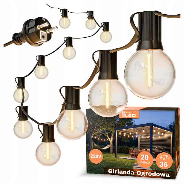 Zahradní Světelná Girlanda 20 m 36X Led žárovka Řetěz bonus 2X E12 IP65
