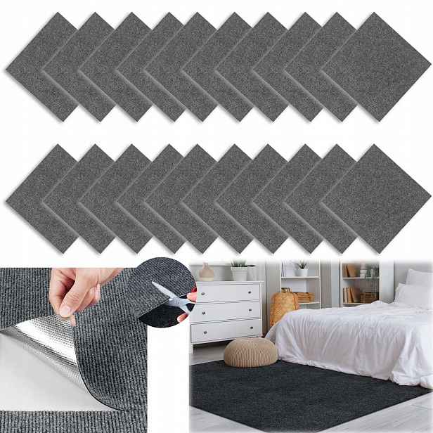 Koberec Samolepicí Diy 30X30 CM 20 Ks, Snadné Řezání A Montáž, Tmavě Šedý