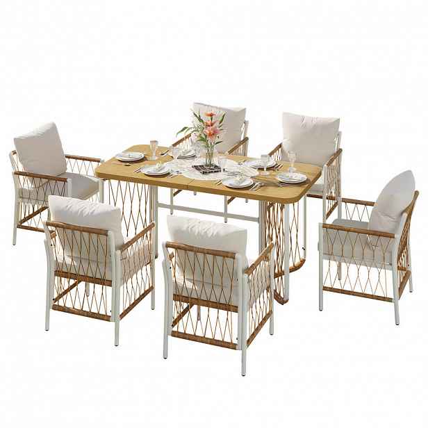 OKWISH ZAHRADNÍ jídelní set 159,5/77,5/75 cm béžový/hnědý/přírodní z železa se 6 židlemi a polstry