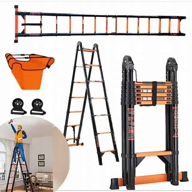 Teleskopický kloubový žebřík s nářadím a kolečky 2x7 schodů 150 kg
