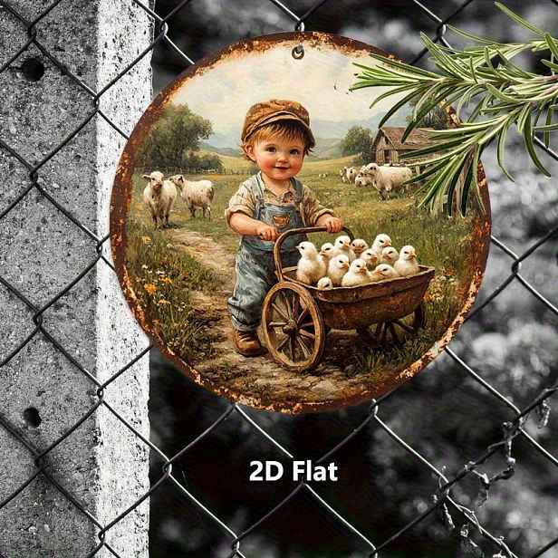TEMU Dřevěná deska ve vintage stylu - "Chlapec tlačí vozík plný kuřat" | Rustikální dřevěná kulatá nástěnná dekorace s pastoračním krajinným | Vhodné
