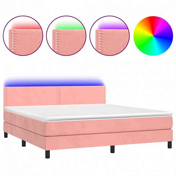 vidaXL Box spring postel s matrací a LED růžová 180x200 cm samet