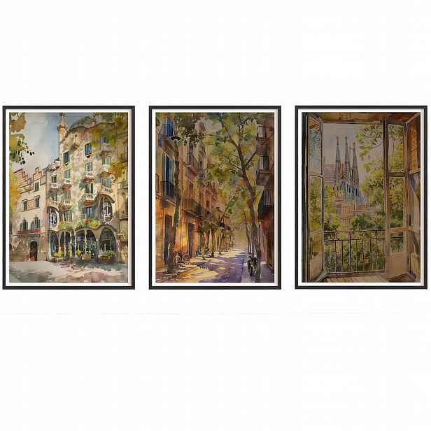 Obrazy Barcelona Gaudi Sagrada Plakáty Rámečky dřevěné černé 3ks 30x42 cm