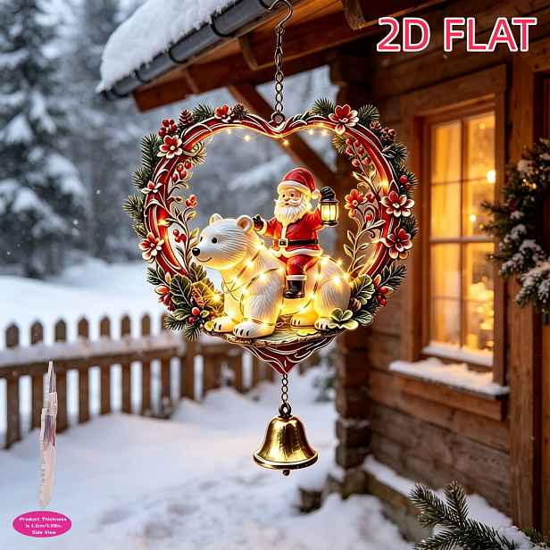 TEMU Venkovní dekorace ve tvaru srdce s Santa na polárním medvědu, 2D plochý ozdobný přívěsek, vintage design měděného zvonku, teplá vánoční dekorace