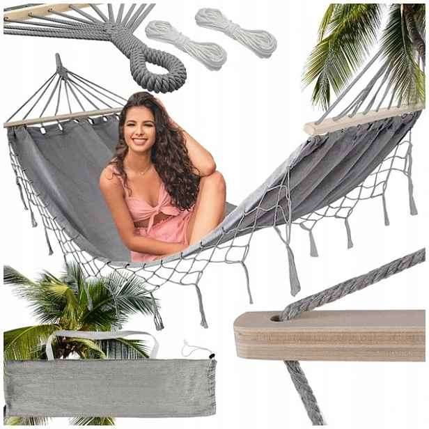 Zahradní houpací síť turistická šedá střapec houpačka boho bag 200 x 100cm