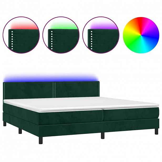 vidaXL Box spring postel s matrací a LED tmavě zelená 200x200 cm samet