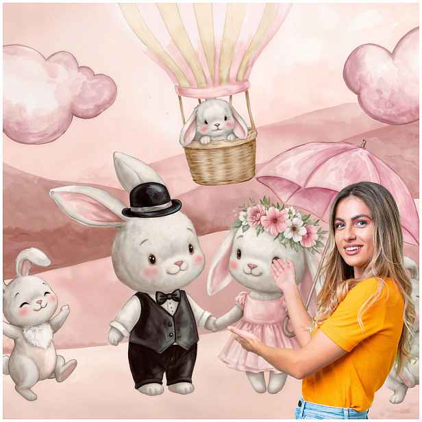 Fototapeta Pro Děti Králíci Králíčci Balón Růžový 392x260 DD10W