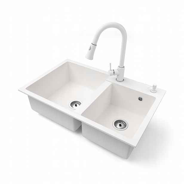 Kuchyňský dřez Granitový dvoukomorový Baterie Dávkovač Sifon Chrom