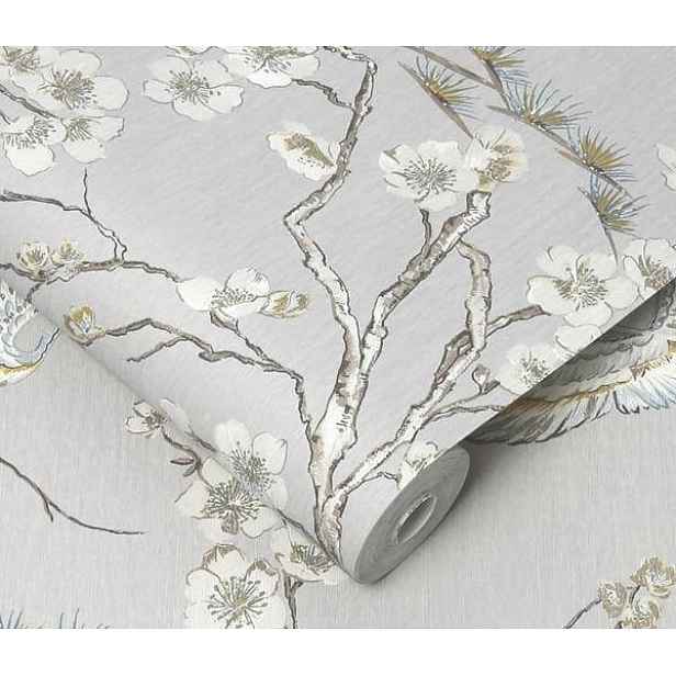 Šedá tapeta s květinami Japan Grey/Blue 106565