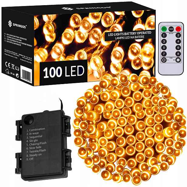 Vánoční Osvětlení Na Stromeček 100 Led 10 m IP44 Venkovní Vnitřní Dálkové Ovládání Na Baterie