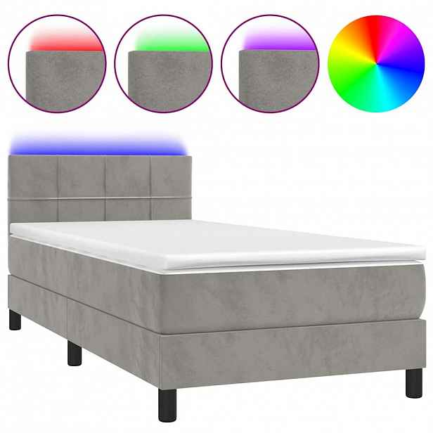 vidaXL Box spring postel s matrací a LED světle šedá 80 x 200 cm samet