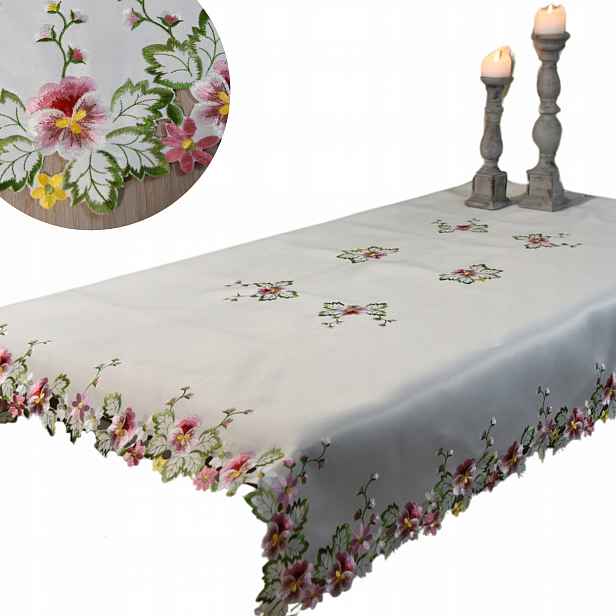 Jarní vyšívaný ubrus 130 x 180 cm, bílé růžové brášky Pink Gloss