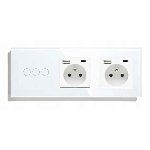 Dotykový Spínač TROJITÝ+2 Zásuvky Usb-c Sklo
