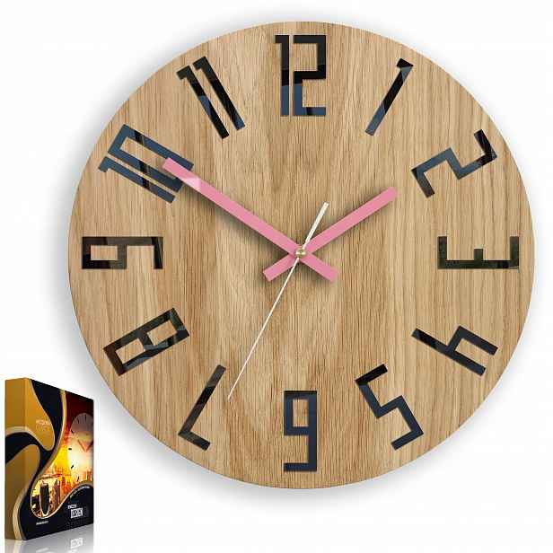Nástěnné Hodiny Dub Slim Černo-růžové tiché hodiny, 33 cm, do obývacího pokoje,