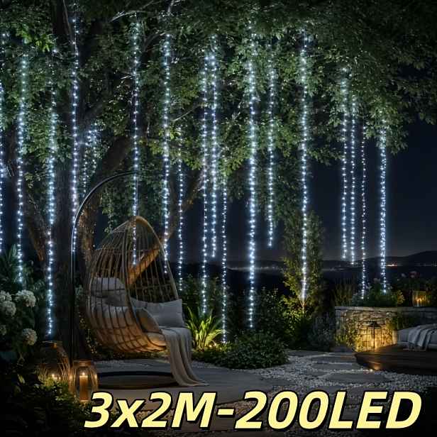 TEMU 10X6,6 stop, 200 LED venkovní závěsné světla na baterie, vodopádová pohádková světelná řetěz, závěsný 8 režimů blikající světelný řetěz, vhodné