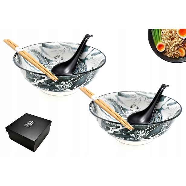 Sada 2 misek s lžícemi a paličkami Ramen Dragon Black 900 ml Box