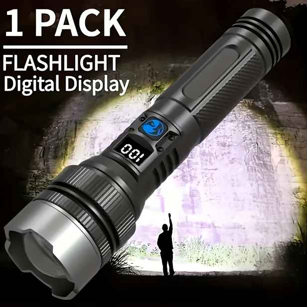 TEMU 1ks Dobíjecí Ultra-Jasná LED Svítilna, Multifunkční Venkovní Přenosný Reflektor, s Digitálním Displejem, Nastavitelným Zoomem, Nabíjením Type-C,