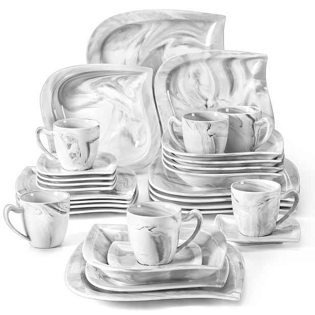 TEMU 30ks Mramorová Porcelánová Jídelní Souprava, Servisní Sada, Sada Talířů, pro 6/12 Osob, Ručně Vyrobená, Vhodná do Mikrovlnné Trouby a Myčky