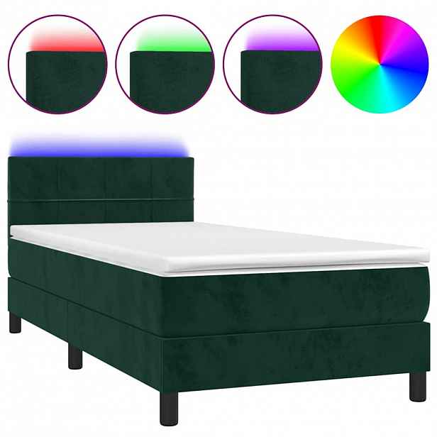 vidaXL Box spring postel s matrací a LED tmavě zelená 80x200 cm samet