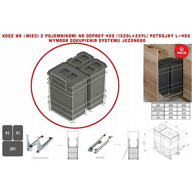 Rejs Odpadkový koš s nádobami na odpadky 400 (1x20L+2x9L) dvojitý