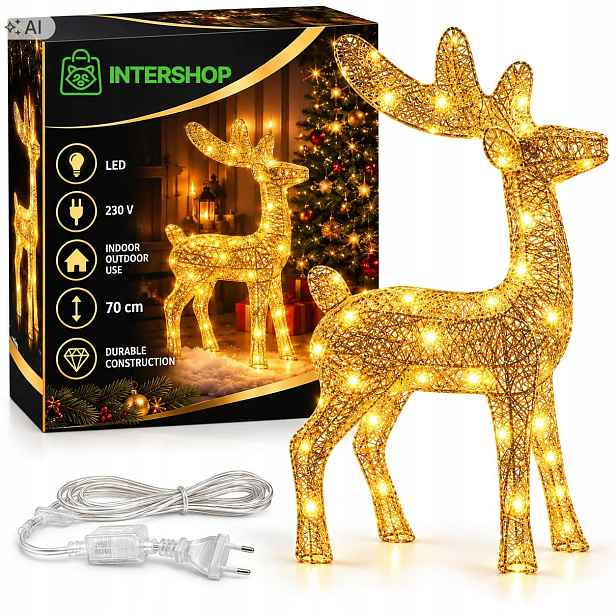 Sob Led Svítící Zlatá 70 CM Podsvícená Vánoční Figurka