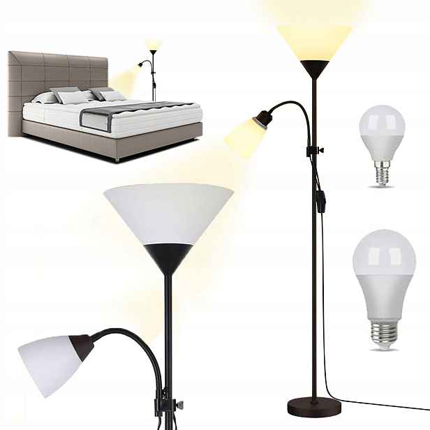 Stojací Lampa Podlahová Bílá Nastavitelná 164 CM Na 2X E27 Led Vypínač