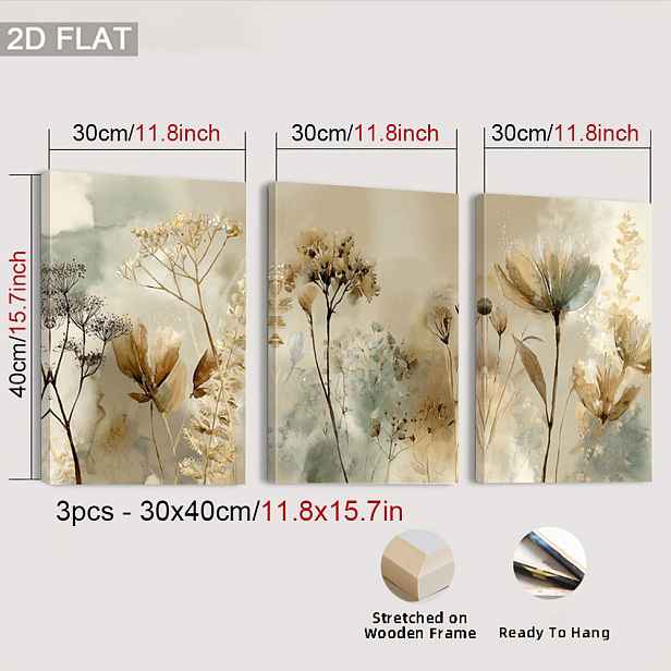 TEMU 2D Ploché, 3ks Zarámované Botanické Akvarelové Tisky - Vertikální Květinové Plátno v Zemitých Tónech, Moderní Tlumené Barvy Vhodné pro Obývací