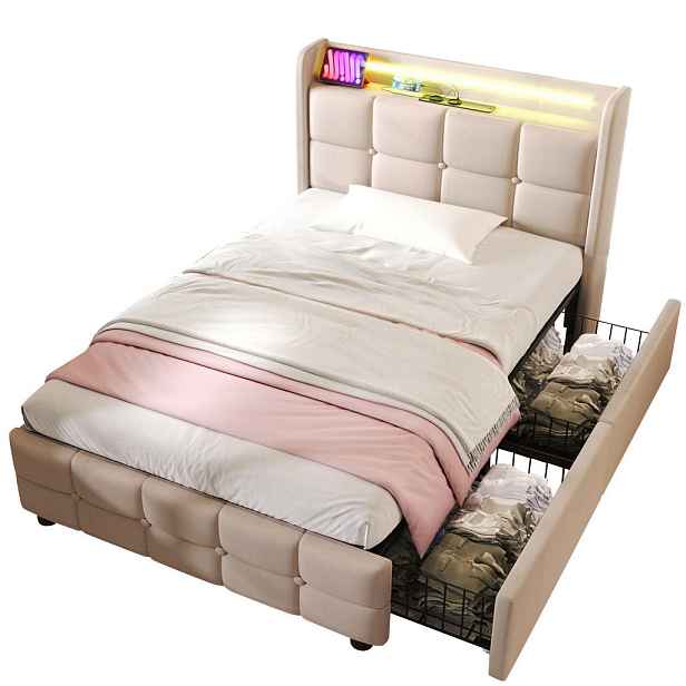 Redom ČALOUNĚNÁ postel 90/200 cm s USB porty, LED osvětlením a 2 zásuvkami, dřevo a kov, Béžová/šedá
