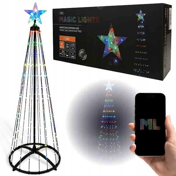 Kouzelný vánoční stromek, kuželovitý světelný vánoční stromek 180 cm, 252 Led, 1 milion barev