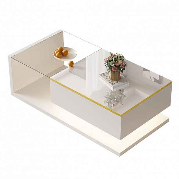 Redom KONFERENČNÍ stolek 100/50/32,5 cm s LED osvětlením, skleněnou deskou a úložným prostorem, Bílá