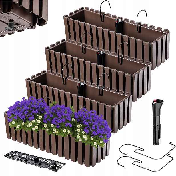 4x Balkonový Truhlík Květináč 60 cm Květináč S Úchytkami Závěsný Hnědý