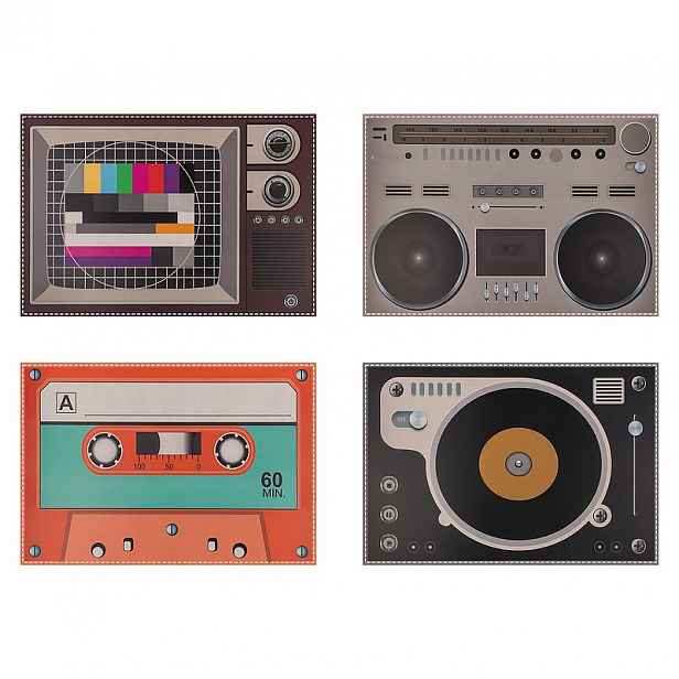 TEMU Sada 4/6 ks prostírání ve vintage stylu, Nostalgický design audio zařízení, Vhodné pro kuchyň, jídelnu a dekoraci stolu