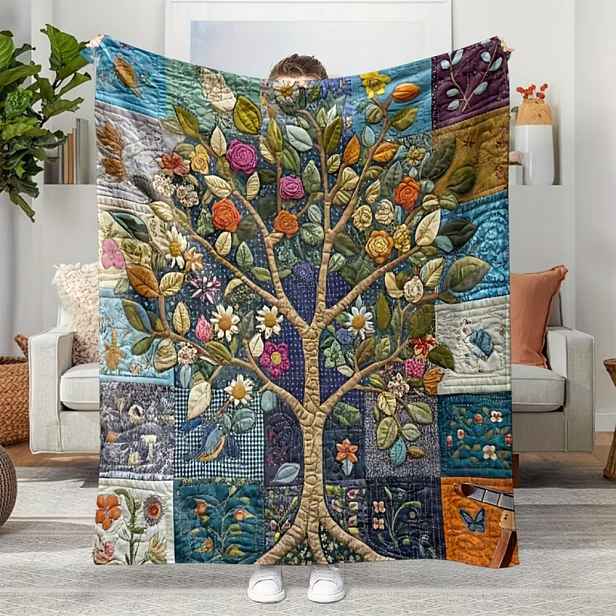 Deka přehoz Art Strom života květiny rozliny květiny jako patchwork 150x200