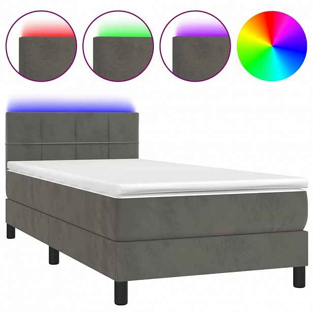 vidaXL Box spring postel s matrací a LED tmavě šedá 90x200 cm samet