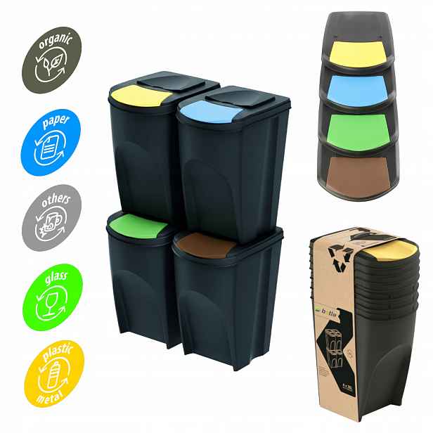 Koš Na Tříděný Odpad 140L Set 4x35L Odpad Černý Barevné Klapky