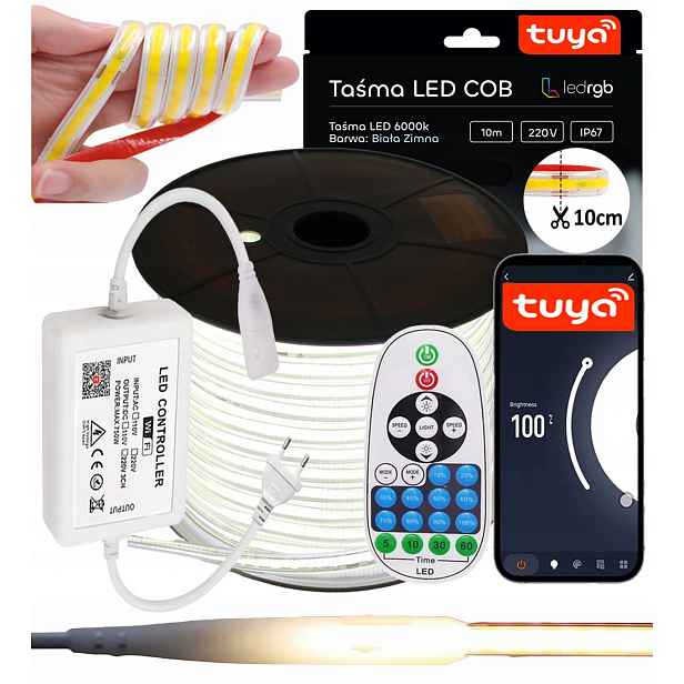 Set Led Pásek Cob 10 m 230 V Bílý Studený 6000 K Řezaný Každých 10 CM Tuya Wifi