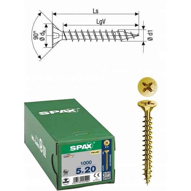 Univerzální šroub na dřevo (zlatý) Spax 5 x 20 mm Yello-x 1000 ks