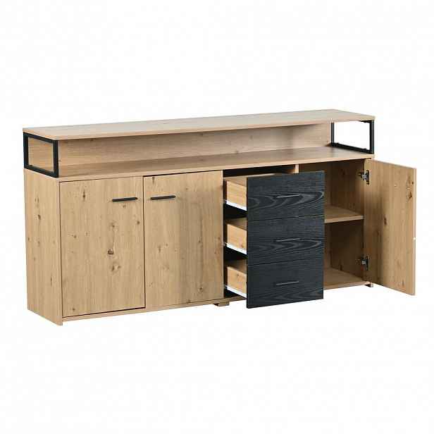 Redom SIDEBOARD 150/35/75,9 cm s otevřenými policemi, 3 zásuvkami a 3 dvířky, moderní úložný prostor, Černá/Hnědá
