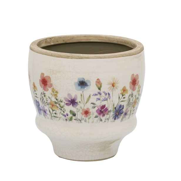 Béžový antik keramický obal květináč s květy Fleurville M - Ø 14*12 cm Chic Antique