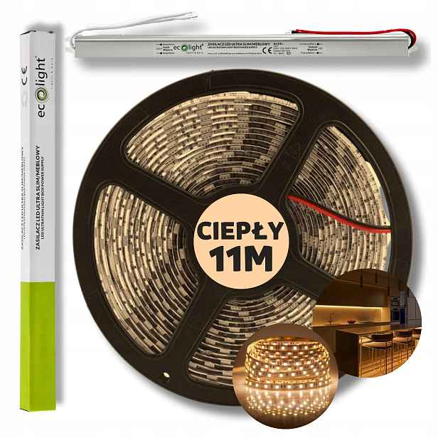 Set 11 m Led pásek Smd bílý teplý s napájecím zdrojem 12 V