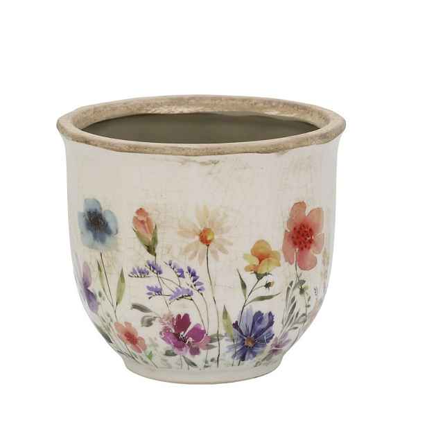 Béžový antik keramický obal květináč s květy Fleurville - Ø 14*12 cm Chic Antique