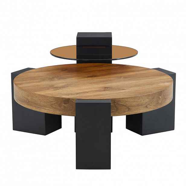 Redom KONFERENČNÍ stolek 61/61/30 cm s druhou úrovní a rozebíratelným designem, stabilní L-nohy, Černá/Hnědá