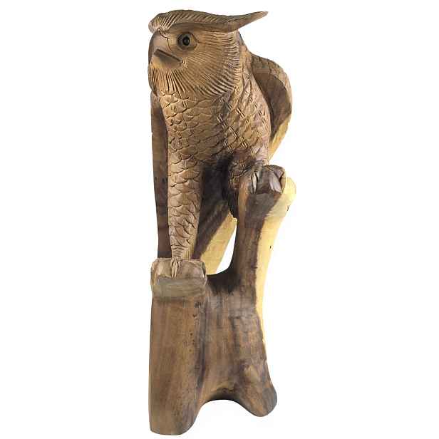 Velká dřevěná ozdobná vyřezávaná dekorativní sova, figurka Akáciová *54* cm.