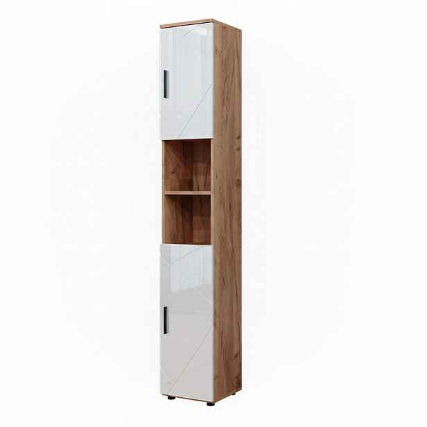 Vicco KOUPELNOVÁ SKŘÍŇKA Irma Bílý vysoký lesk/zlatý dub power 30 x 192 cm s dvířky a otevřenými přihrádkami