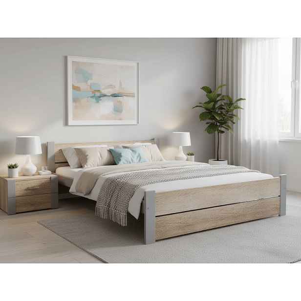 Postel IKAROS DOUBLE 180 x 200 cm, dub sonoma/šedá Rošt: S lamelovým roštem, Matrace: Bez matrace