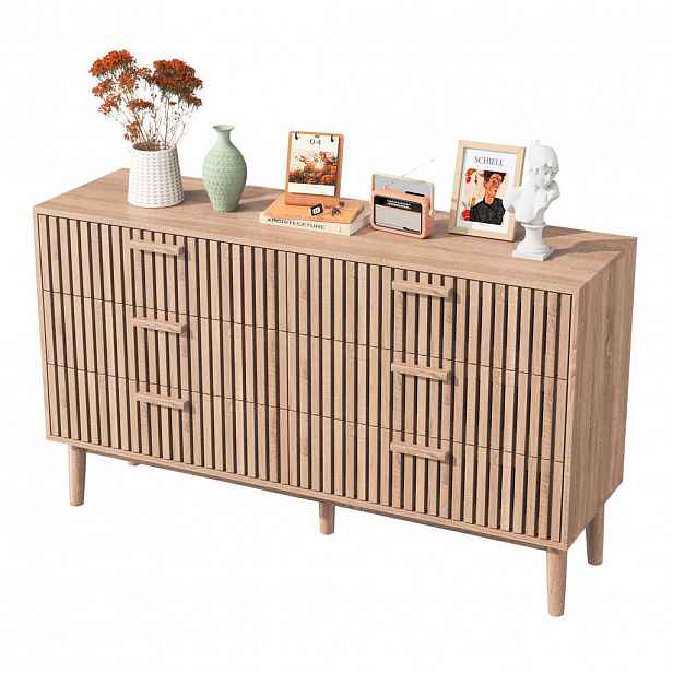 SHOPENTRA KOMODA v dřevěné imitaci se 6 zásuvkami a čelem ve stylu art deco