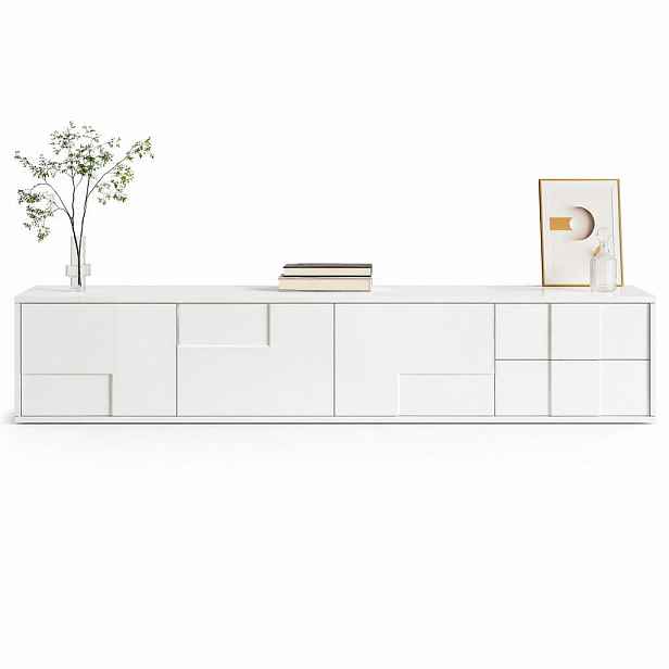 STILVORA TV STOLEK bílý ve vysokém lesku se 3 dvířky a 2 zásuvkami, do obývacího pokoje, 170×30×30,5 cm