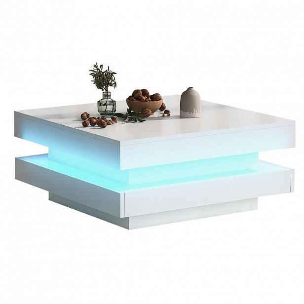 Redom KONFERENČNÍ stolek 70/70/36 cm s Bluetooth LED osvětlením, moderní lesklý design, Bílá