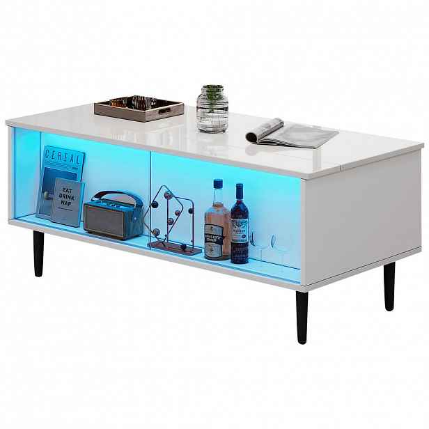 STILVORA KONFERENČNÍ stůl Bílý s výškově nastavitelnou deskou a LED osvětlením do obývacího pokoje, 105×50×43 cm
